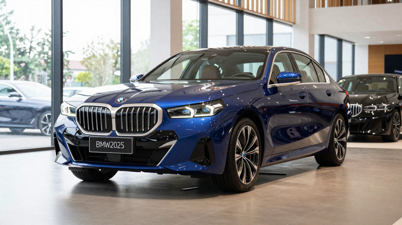 Carro BMW azul escuro modelo 2025 numa exposição em showroom com janelas amplas ao fundo.