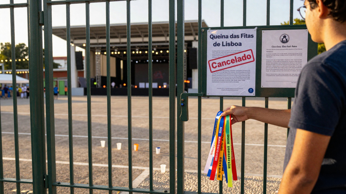 Pessoa segura fitas coloridas junto a portão com aviso de cancelamento do evento Queima das Fitas de Lisboa.