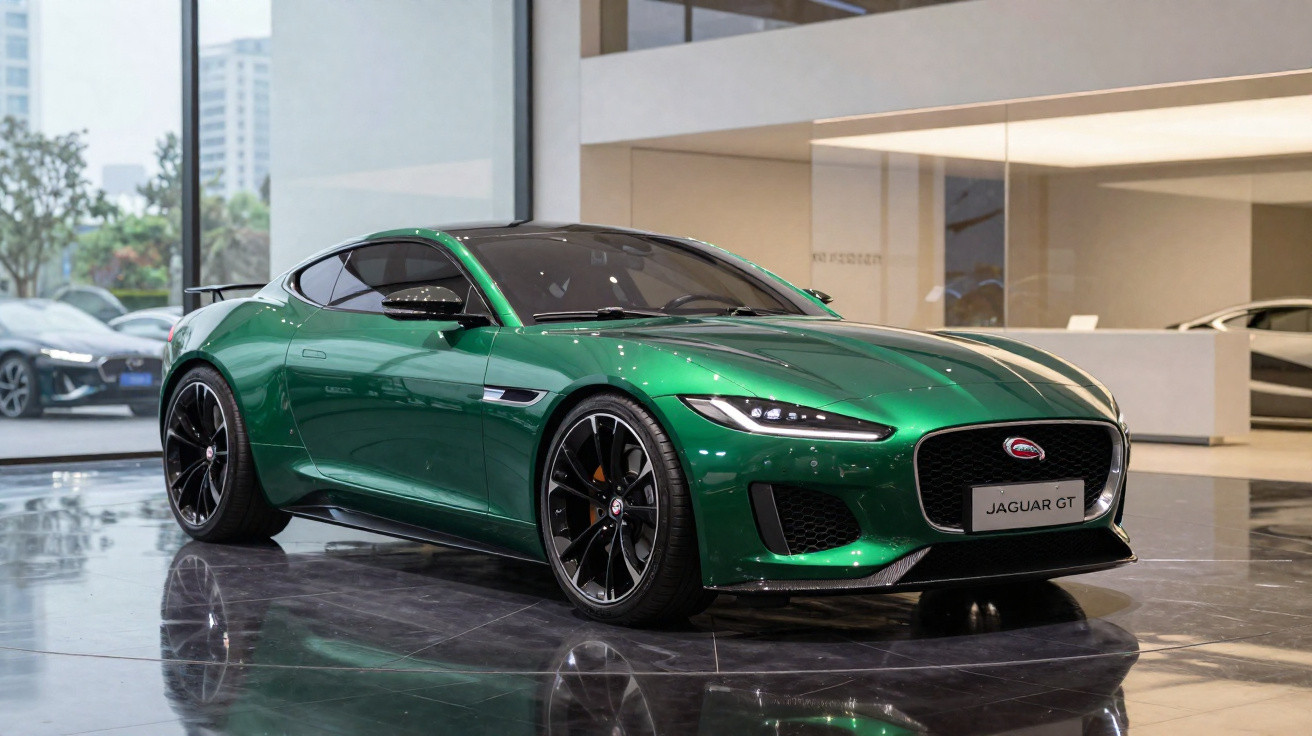Carro desportivo Jaguar GT verde, estacionado em salão moderno com chão refletor e janelas amplas.