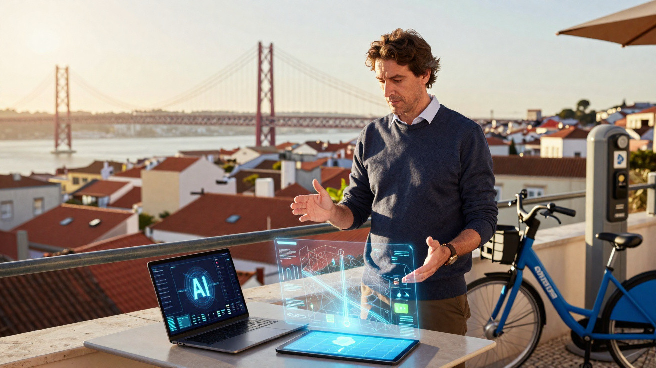 Homem a apresentar mapa digital holográfico numa varanda com bicicleta e ponte ao fundo, ao pôr do sol.