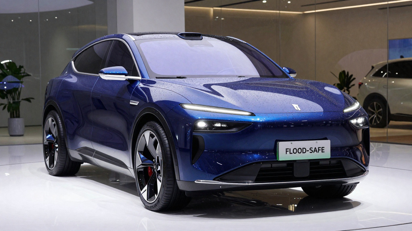 Carro elétrico azul escuro com design moderno exposto em salão, luzes LED acesas e chuva na carroçaria.