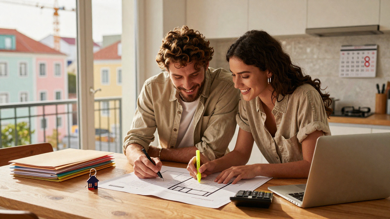 Casal jovem a analisar plantas de uma casa numa mesa com computador e calculadora numa cozinha iluminada.
