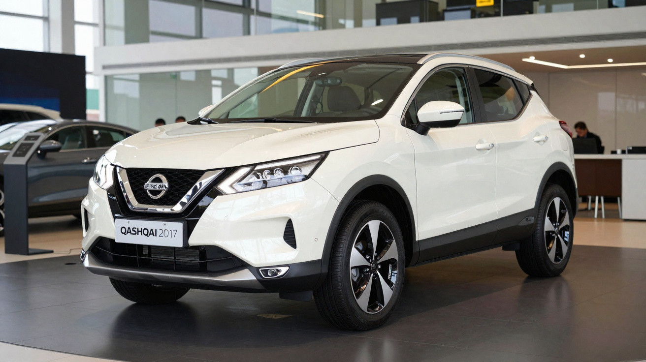 Carro Nissan Qashqai branco modelo 2017 exposto numa concessionária moderna com piso escuro.