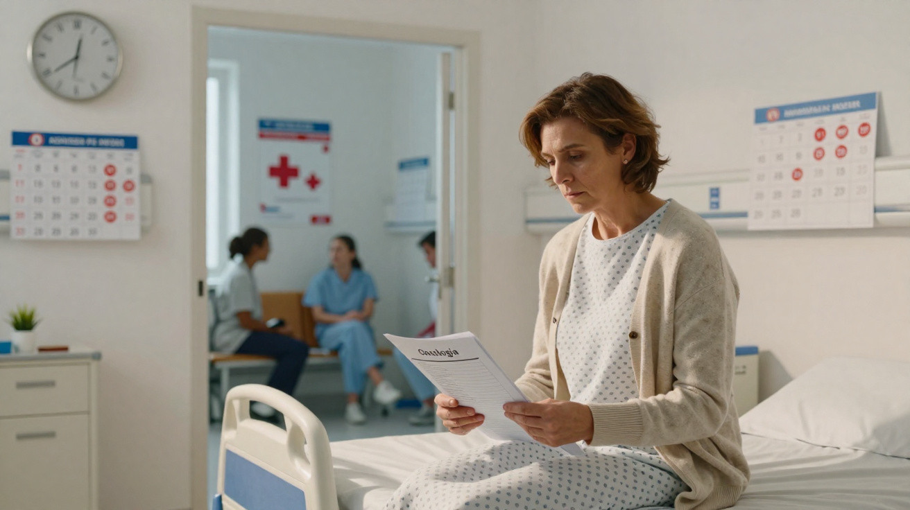 Mulher sentada em cama de hospital lendo papel com expressão preocupada, fundo com sala de espera e relógio na parede.
