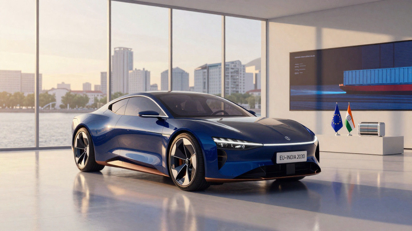 Carro desportivo elétrico azul exposto em salão moderno com bandeiras da Índia e União Europeia ao fundo.