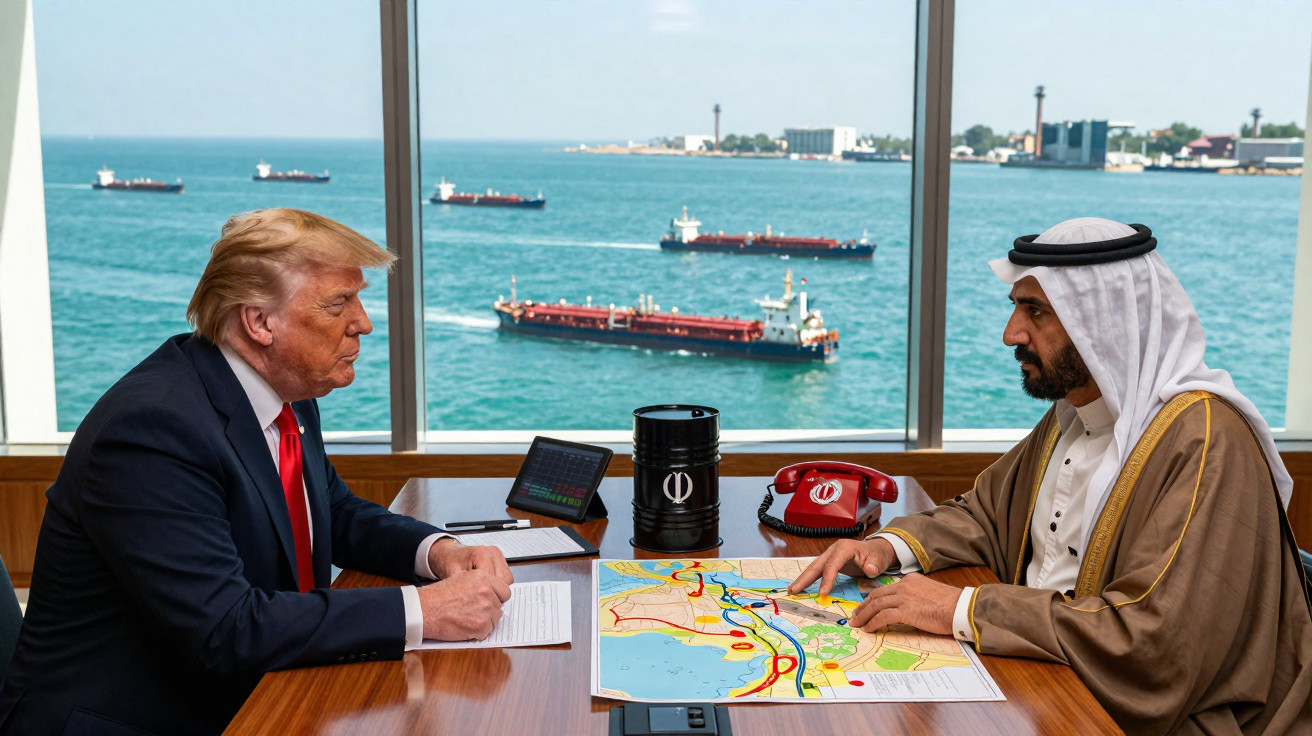 Dois homens sentados em frente a uma mesa com um mapa e conversando num escritório com vista para o mar.
