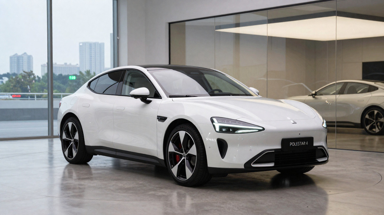 Carro elétrico Polestar 4 branco estacionado dentro de um showroom moderno com vidros grandes.