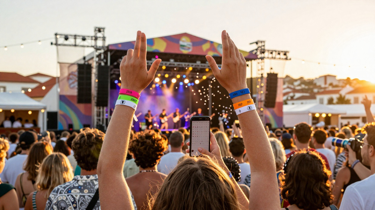 Pessoas a assistir e aplaudir concerto ao ar livre ao pôr do sol com palco iluminado e músico a tocar.