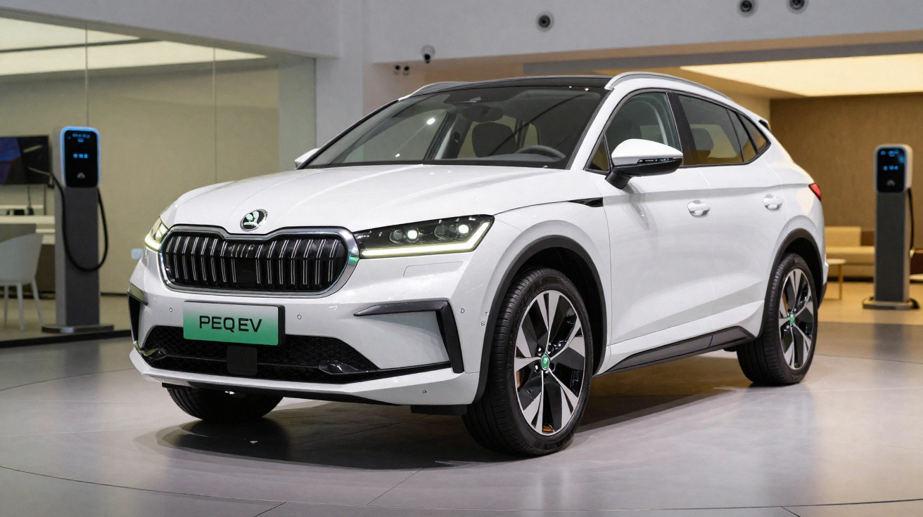 Carro elétrico branco Škoda PEQ EV estacionado em showroom com postos de carregamento ao fundo.