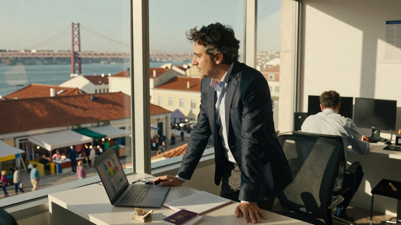 Homem de camisa azul claro em escritório moderno com vista para ponte e rua movimentada ao fundo.