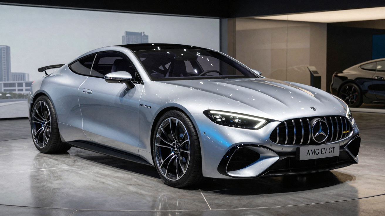 Carro desportivo Mercedes-Benz AMG EV GT cinzento prateado em exposição numa sala moderna com chão de cimento polido.