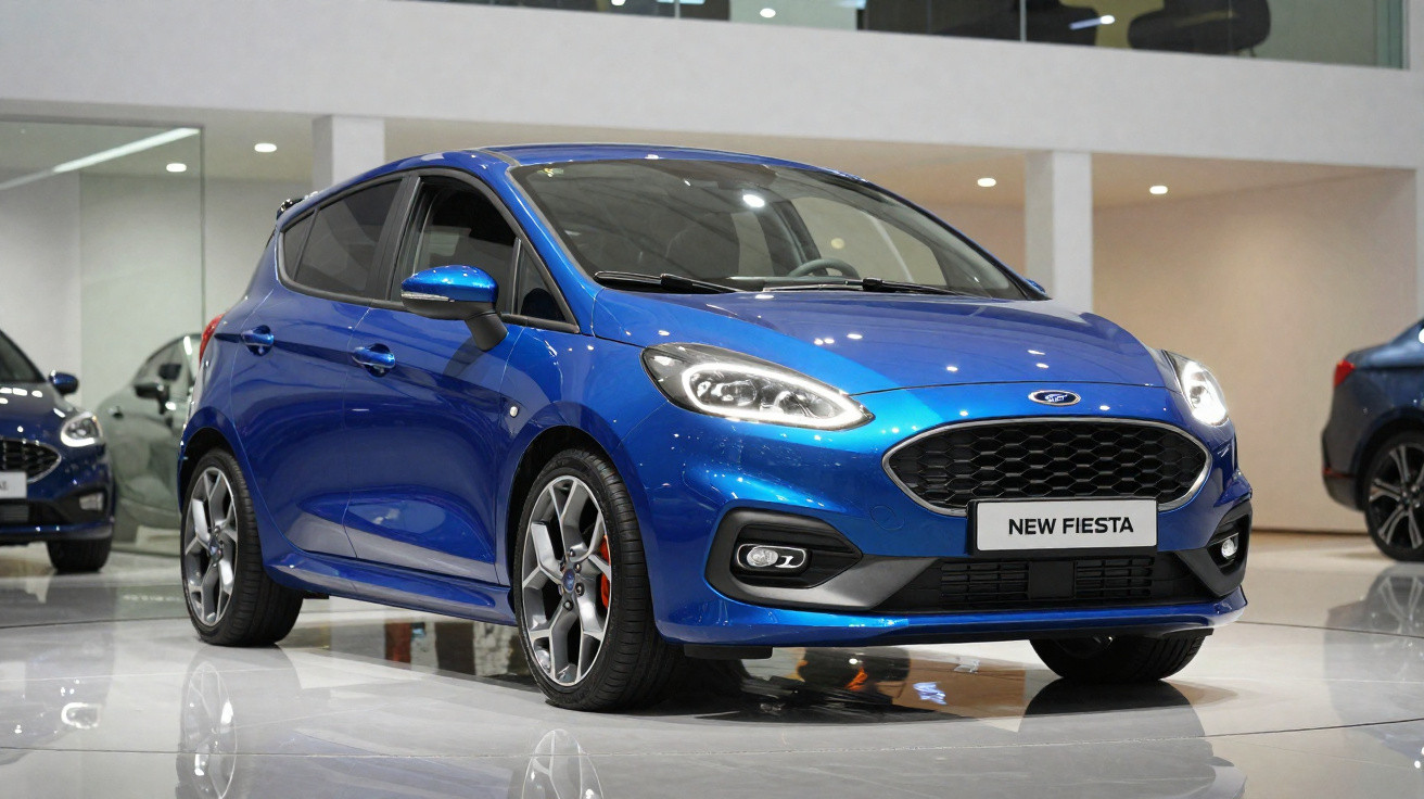 Carro Ford New Fiesta azul brilhante exposto em sala de showroom modernamente iluminada.