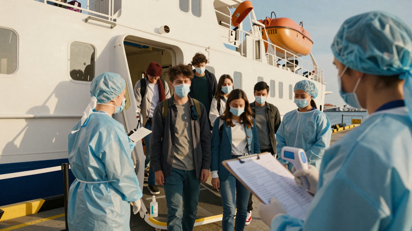 Passageiros com máscara são controlados por profissionais de saúde com equipamento de proteção junto a um barco.