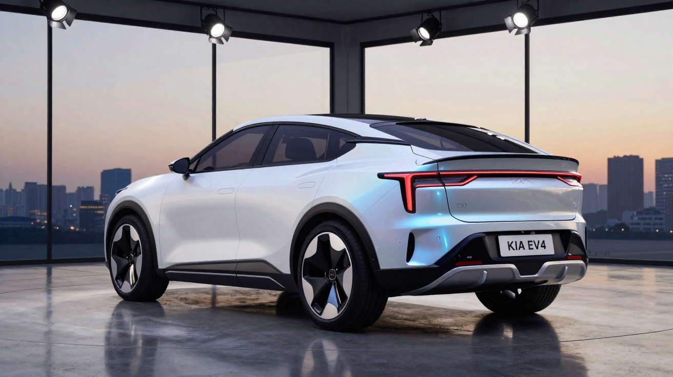 Carro elétrico Kia EV4 branco estacionado num espaço interior com vista para a cidade ao pôr do sol.