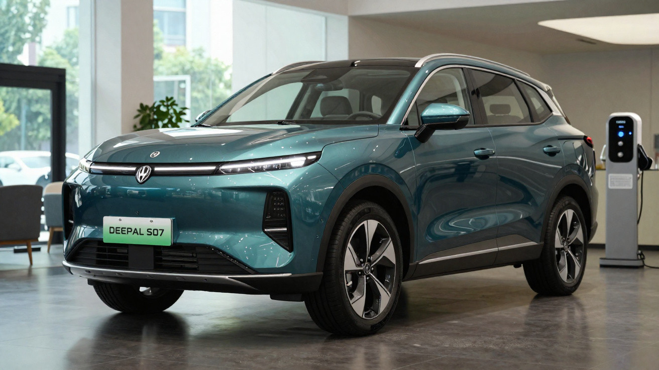 Carro elétrico SUV verde estacionado em showroom moderno com carregador elétrico ao lado.