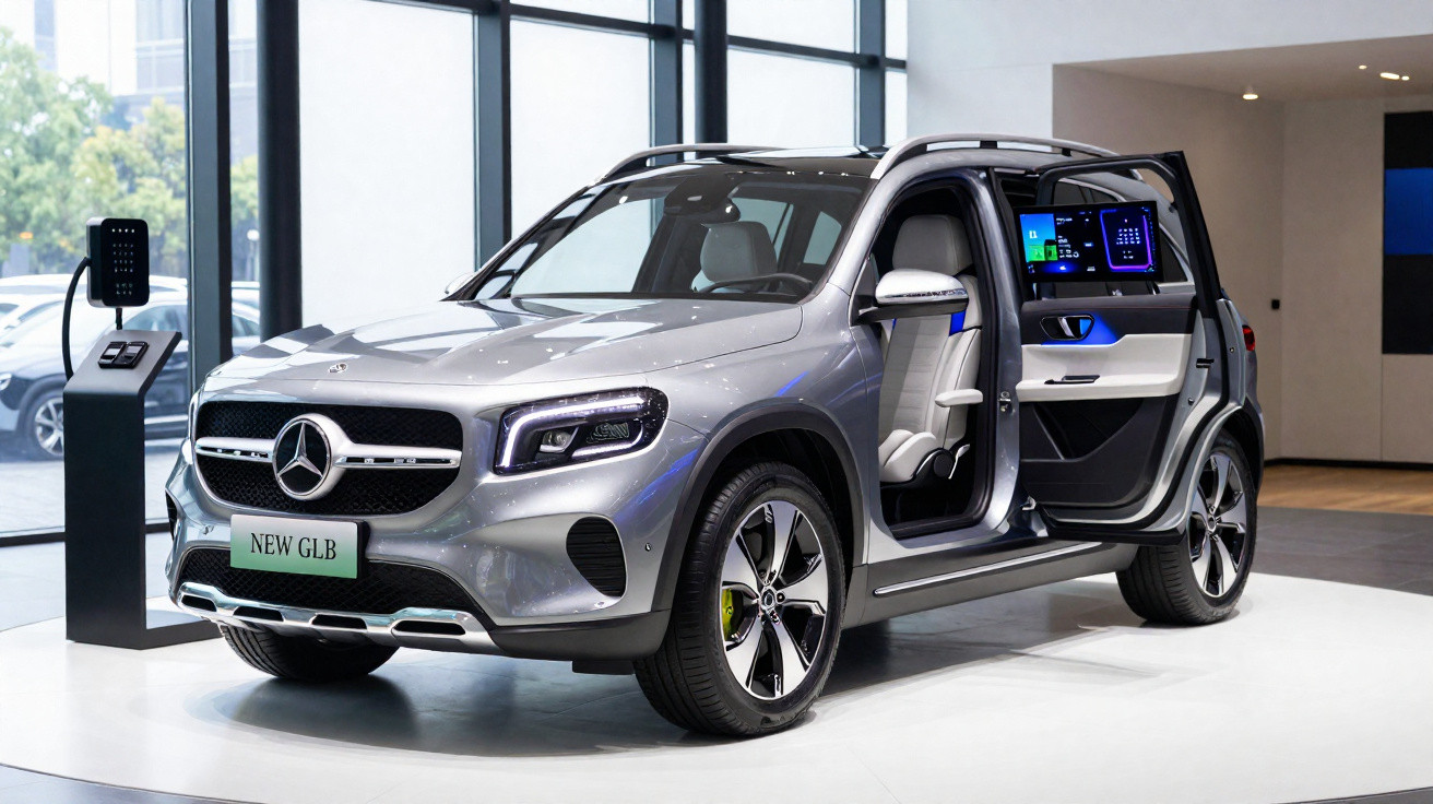 Mercedes-Benz New GLB prata exposto em showroom moderno com parede de vidro e carregador eléctrico.