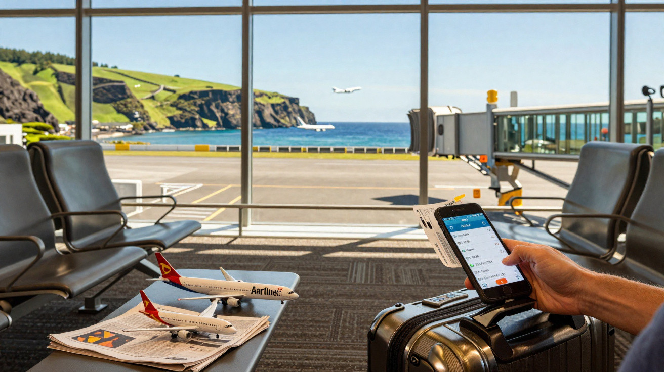 Pessoa no aeroporto com mala e bilhete digital, avião a descolar e paisagem marítima visível pela janela.