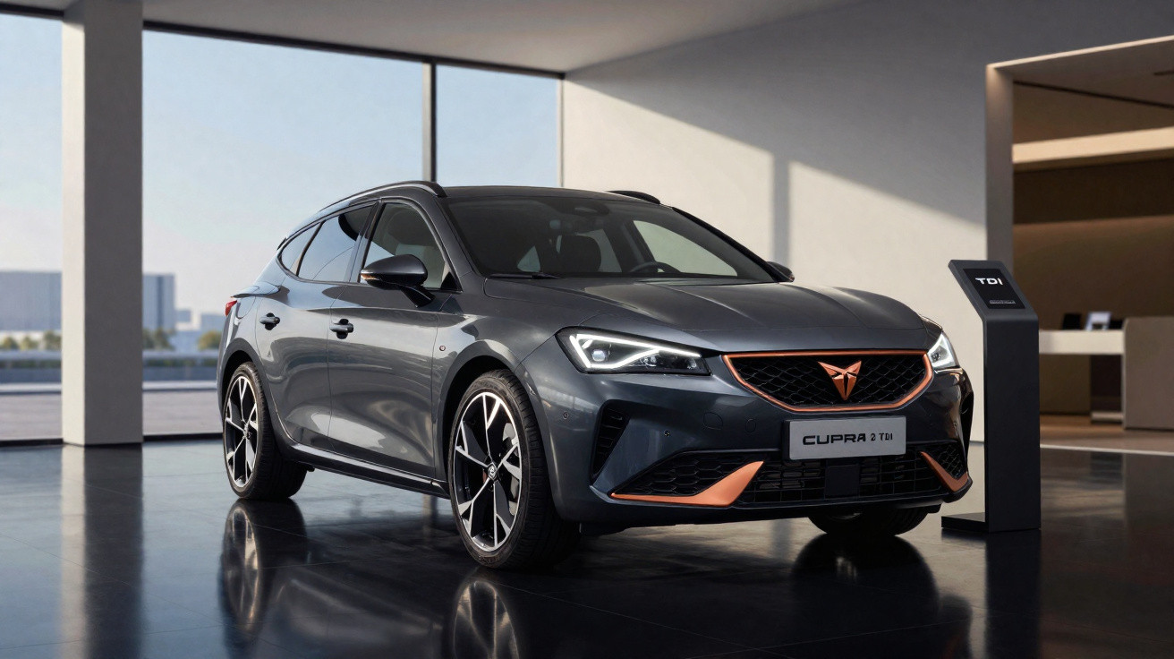 Automóvel Cupra 2.0 TDI cinza exposto em show-room moderno com janelas grandes e iluminação indireta.