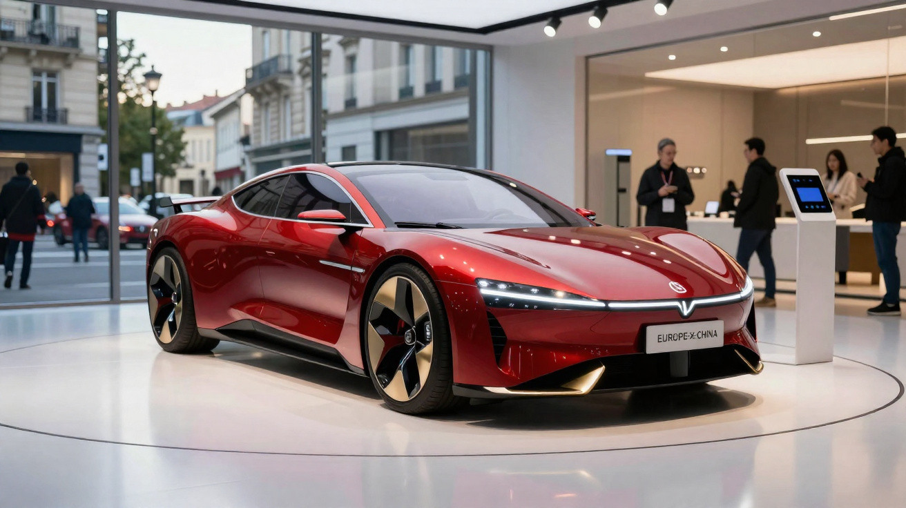 Carro elétrico desportivo vermelho exposto em showroom moderno com pessoas ao fundo.
