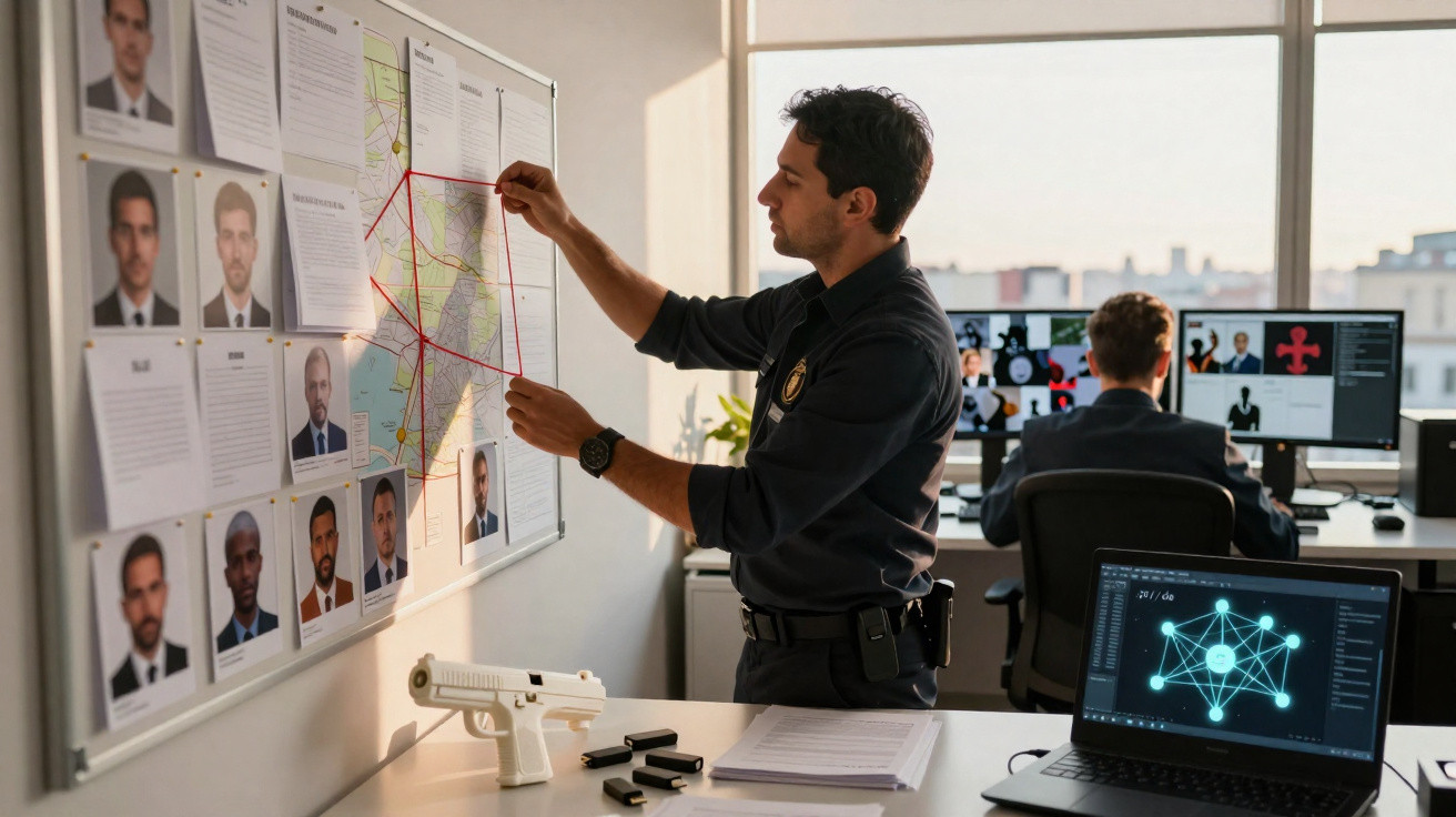 Homem a traçar ligações num quadro de investigação com fotografias e mapa numa sala de polícia.