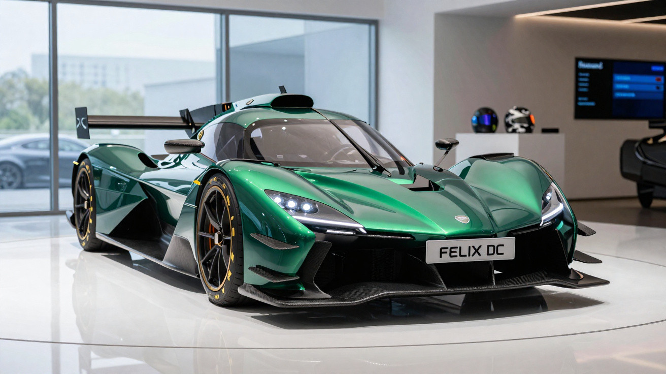 Carro desportivo verde metálico com design aerodinâmico exibido em showroom moderno.