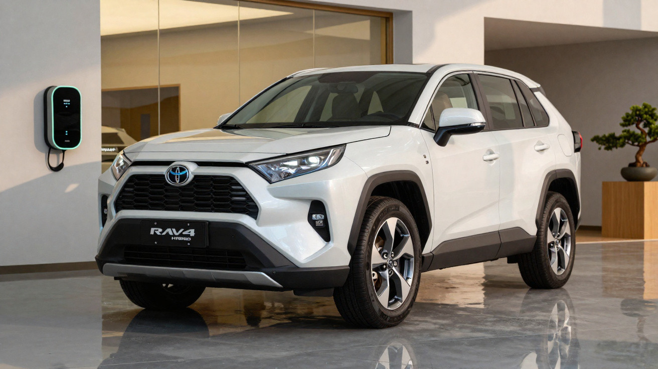 Toyota RAV4 Hybrid branco estacionado em espaço interior moderno com estação de carregamento elétrico.