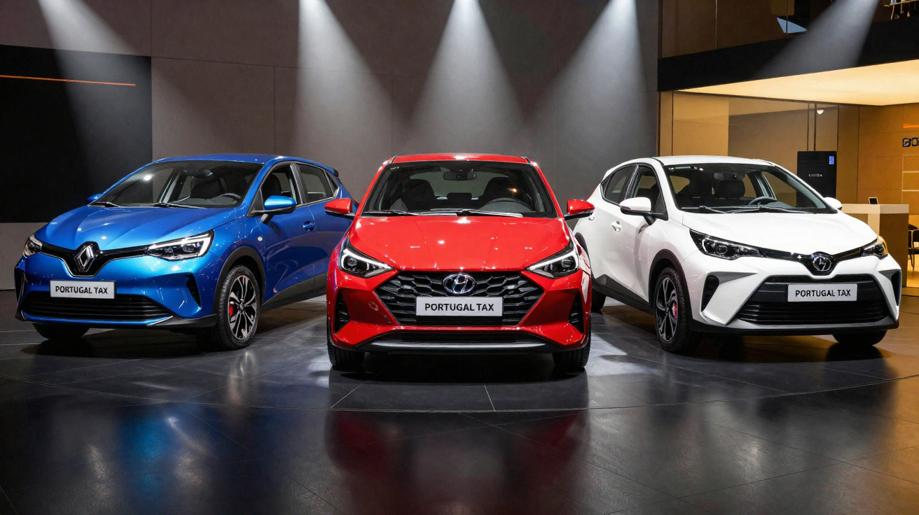 Três carros modernos em azul, vermelho e branco expostos num salão com luzes focais brilhantes.