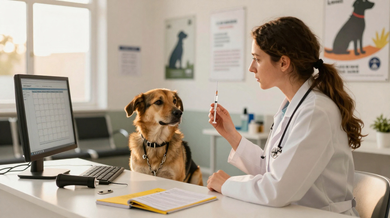 Veterinário a mostrar seringa a mulher que segura cão na clínica animal.