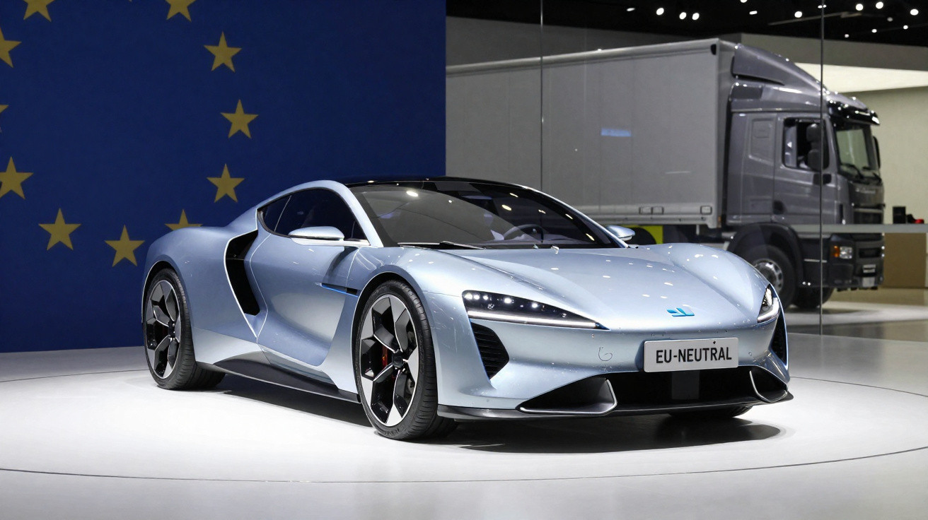 Carro desportivo elétrico cinza num salão automóvel com camião e bandeira da União Europeia ao fundo.