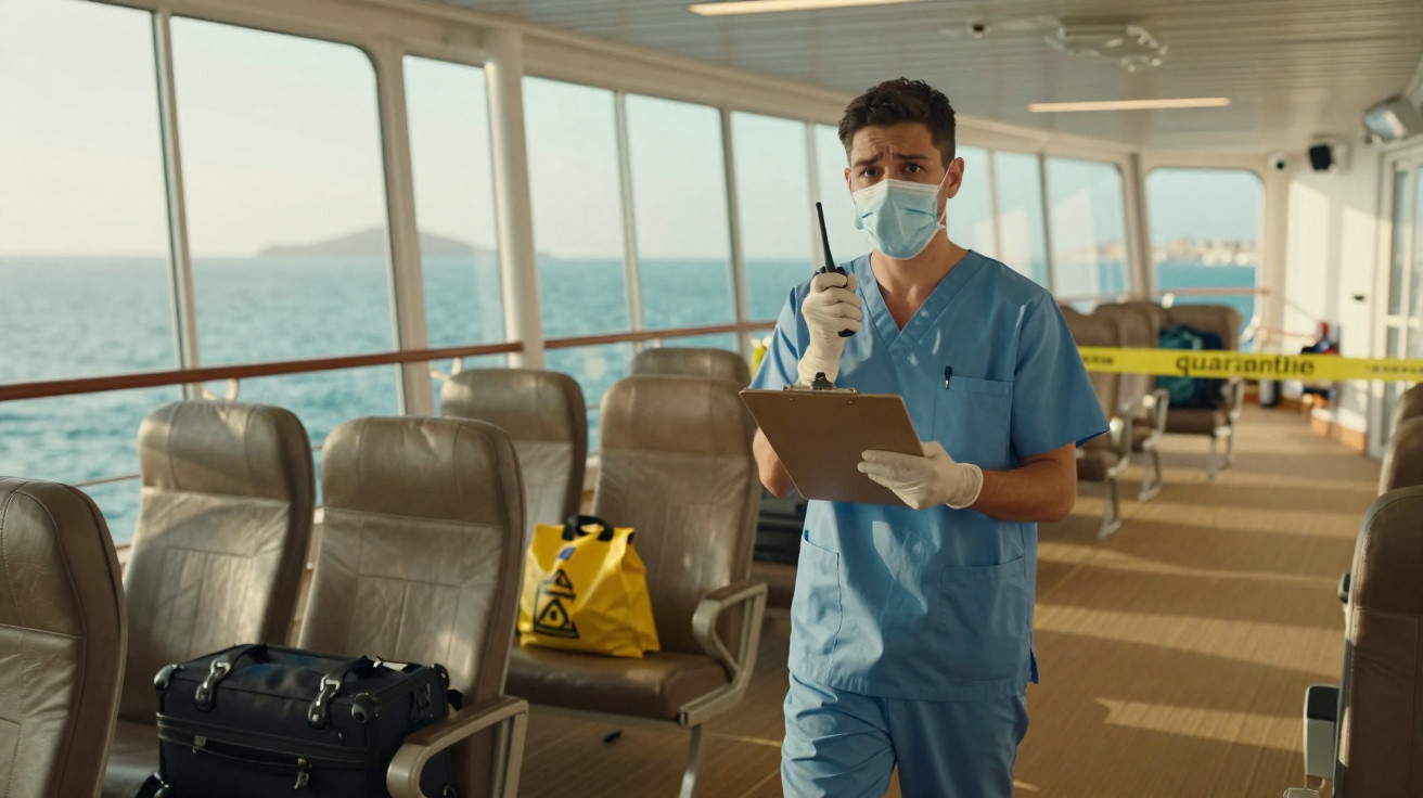 Profissional de saúde com máscara e luvas comunica por rádio a bordo de um barco com cadeiras e fita de quarentena.