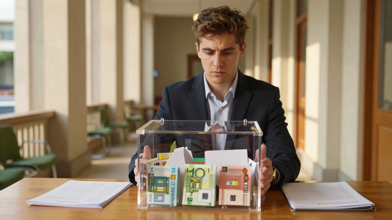 Homem com fato azul observa urna transparente cheia de dinheiro e envelopes, sentado numa mesa com documentos.