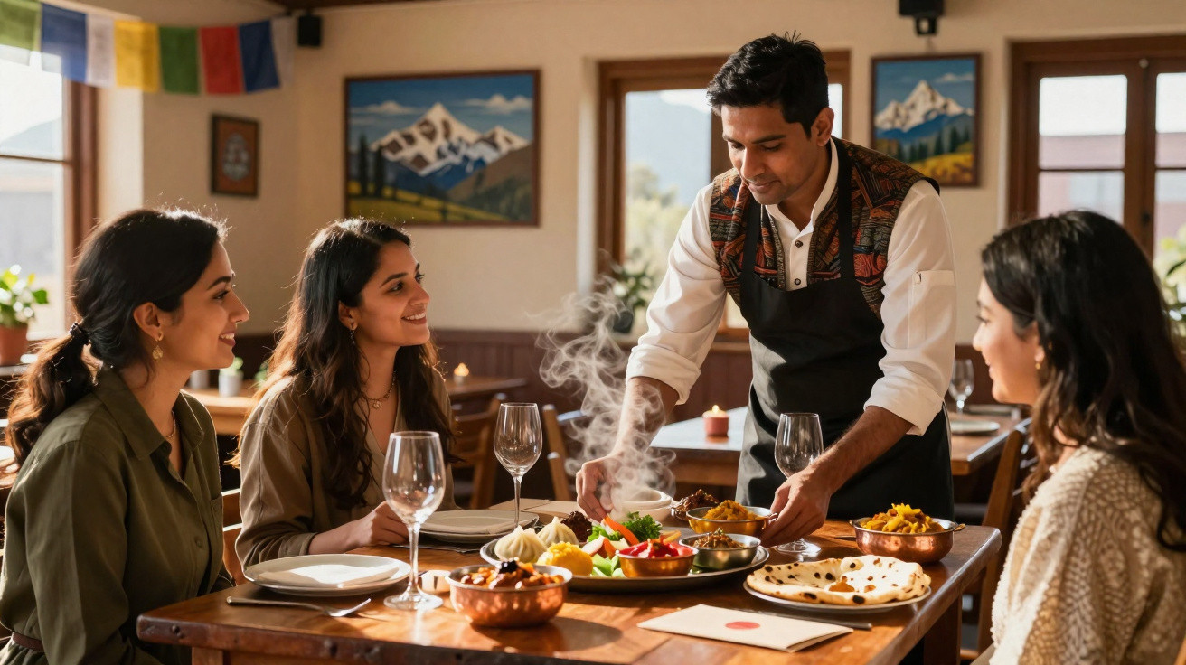 Pessoa a servir pratos típicos numa mesa de restaurante com três clientes sentados à volta.
