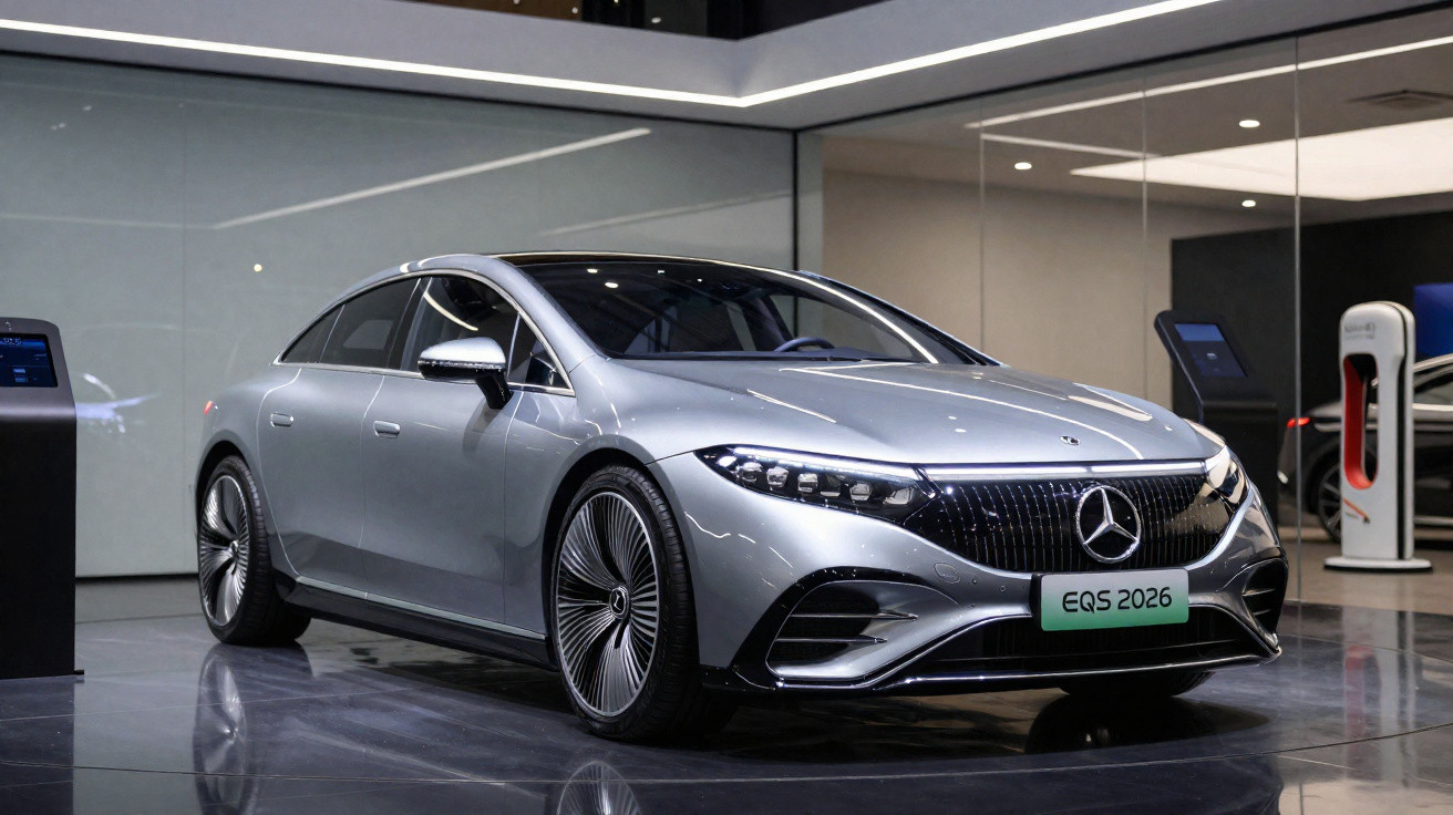 Carro elétrico Mercedes-Benz EQS 2026 cinzento prateado em exposição numa sala moderna e iluminada.