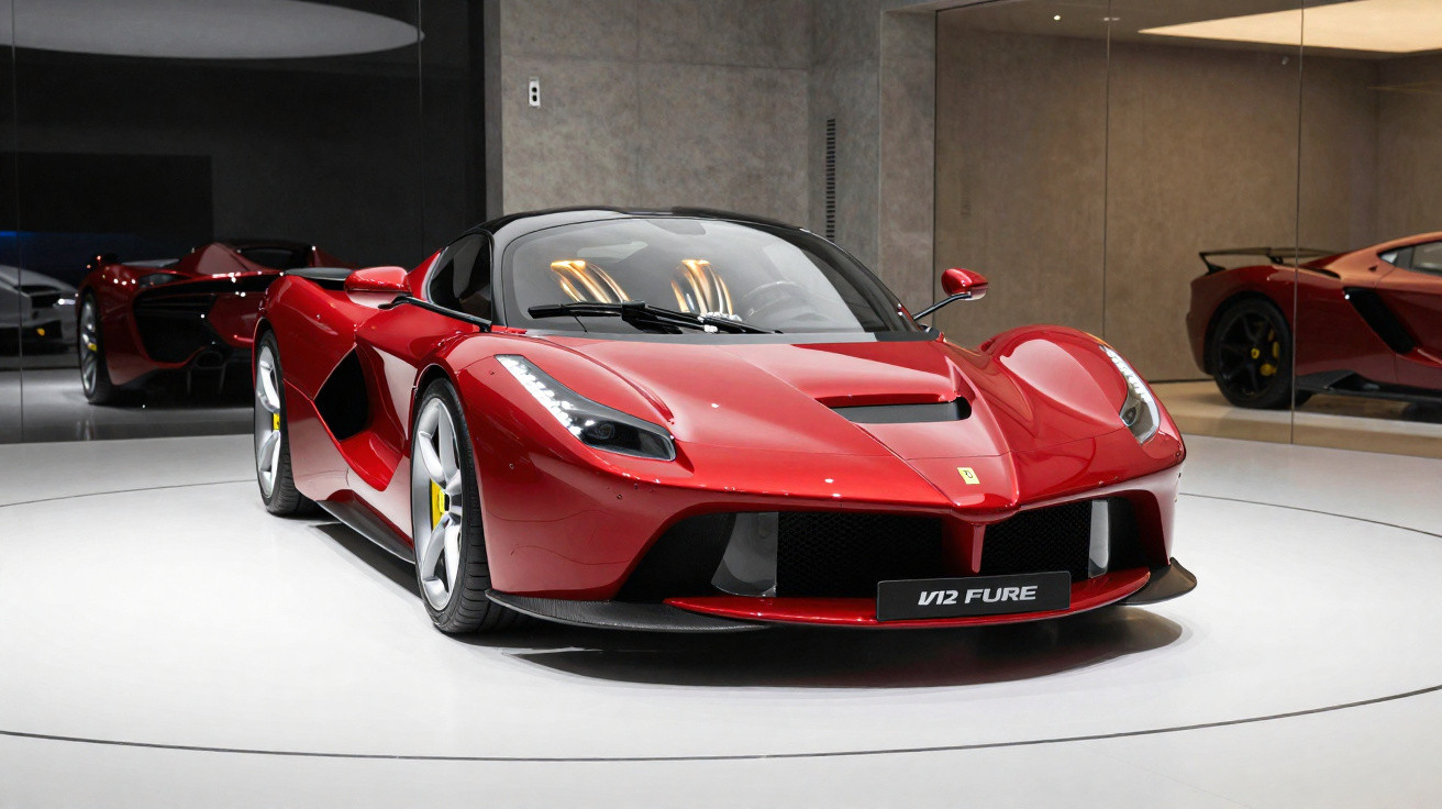 Ferrari desportiva vermelha exibida numa plataforma branca com luz ambiente interior.