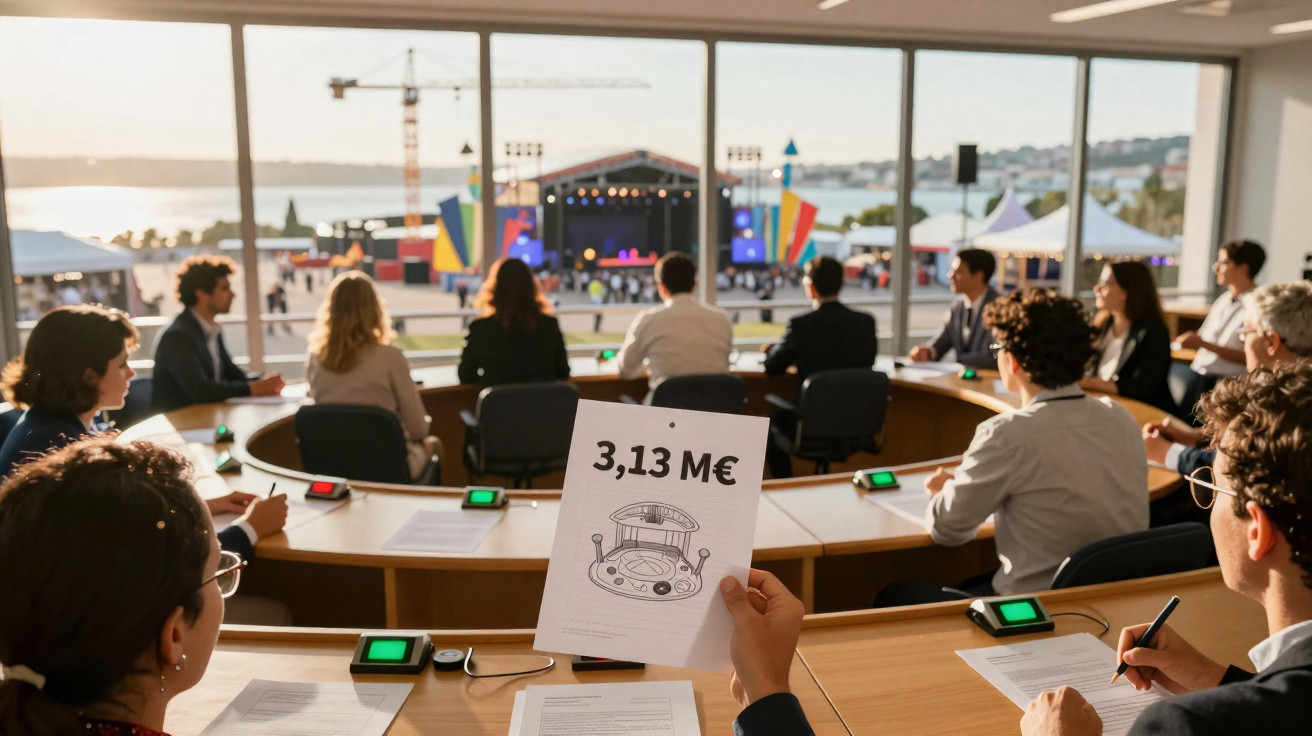 Pessoas sentadas numa sala com vista para um palco ao ar livre, uma segura um papel com valor 3,13 M€ escrito.