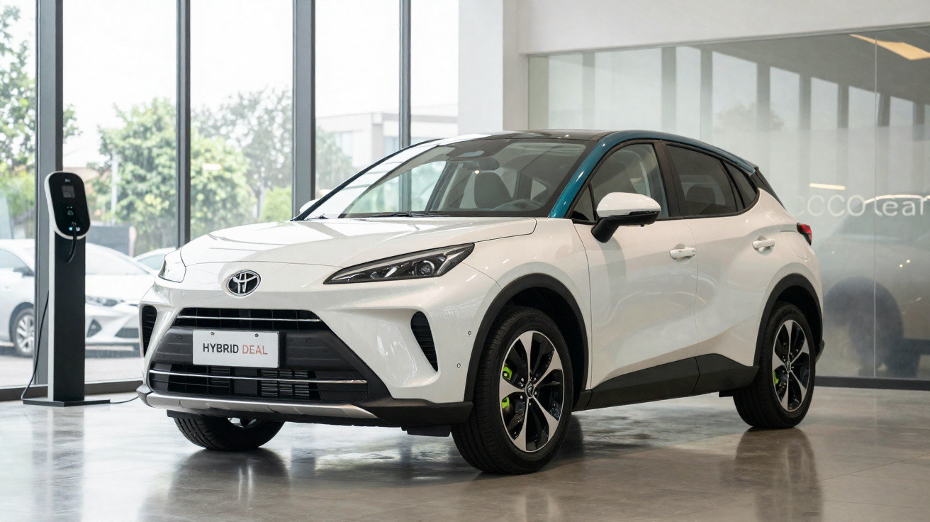 Carro elétrico híbrido Toyota branco em exposição num showroom moderno com grandes janelas.