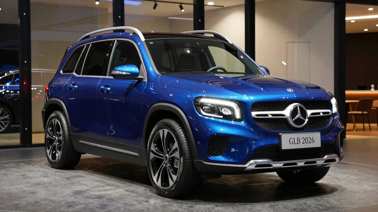 Mercedes-Benz GLB 2026 azul metálico numa exposição, vista de frente e lado esquerdo.