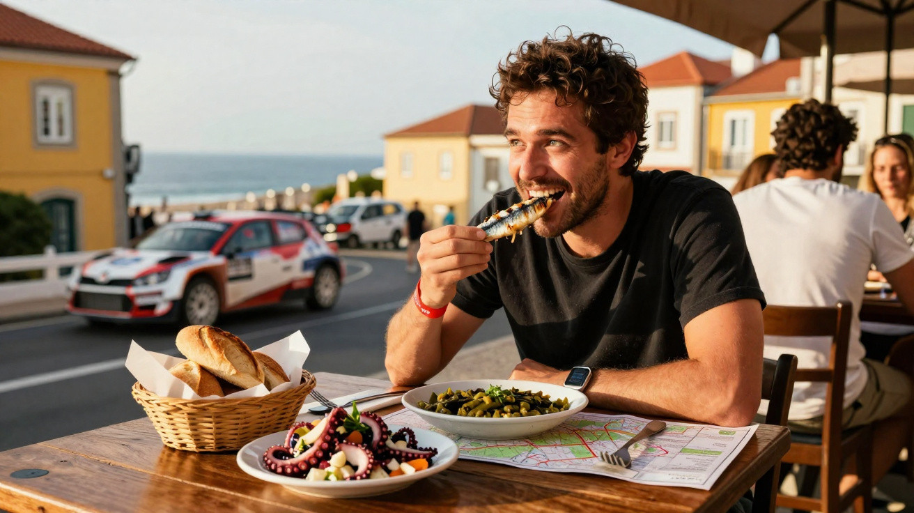Homem a comer sardinha grelhada numa esplanada com pratos variados e carro de rali ao fundo junto ao mar.