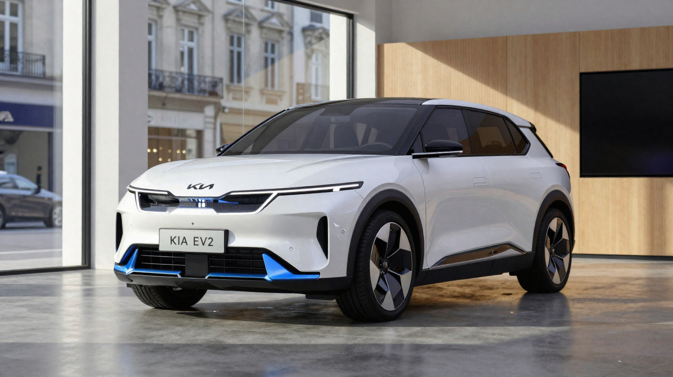 Carro elétrico branco Kia EV2 estacionado dentro de um edifício moderno com janelas de vidro.