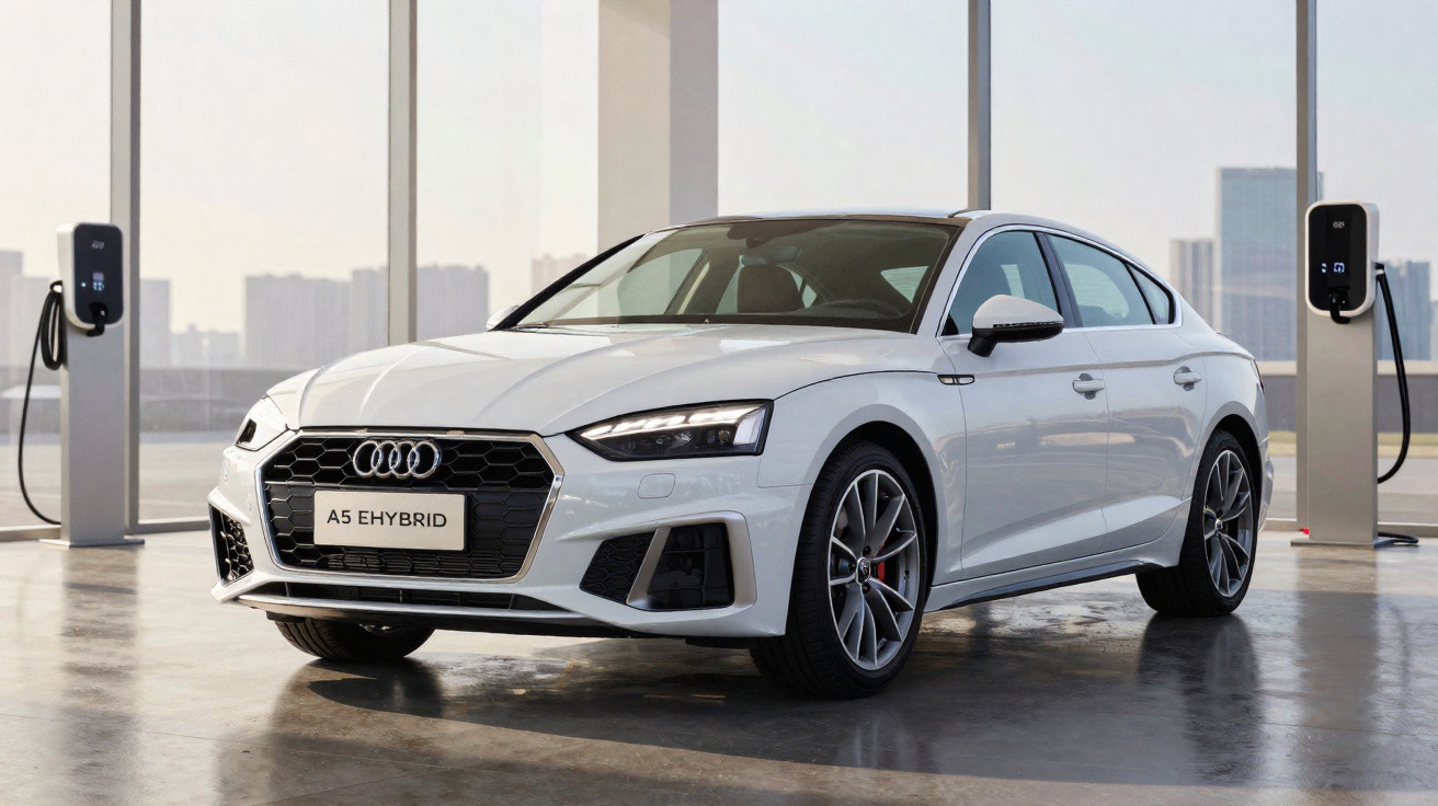 Audi A5 eHybrid branco estacionado numa sala de exposição com carregador elétrico ao lado.