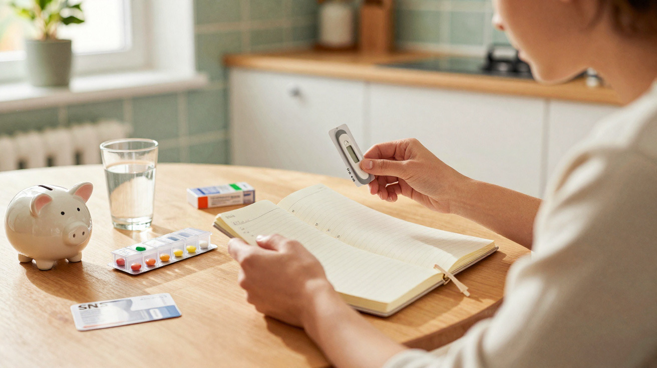 Pessoa a analisar uma fatura e a tomar notas numa mesa com mealheiro, copo de água e medicamentos.