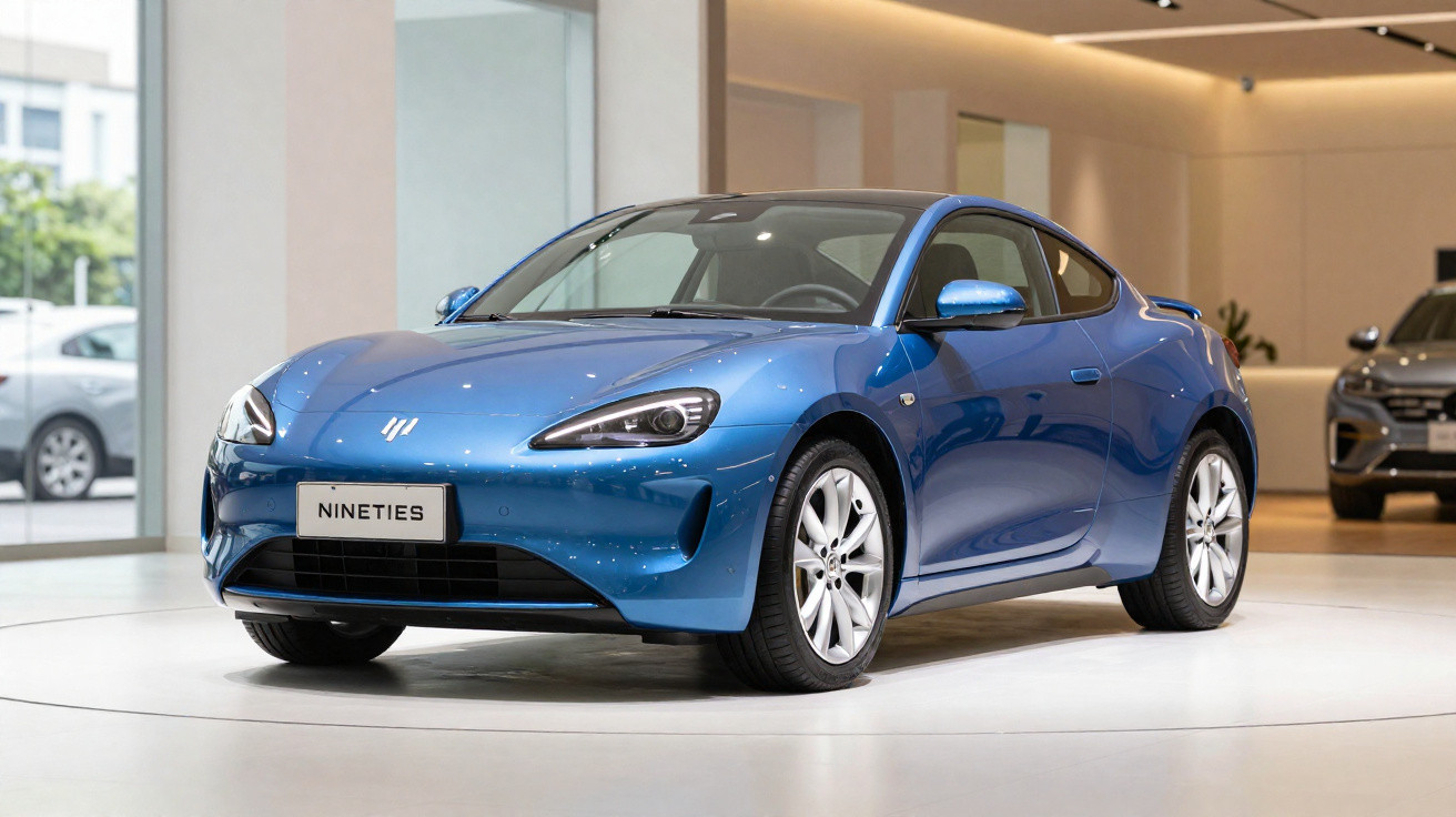 Carro desportivo azul metálico estacionado num showroom moderno com chão branco brilhante.