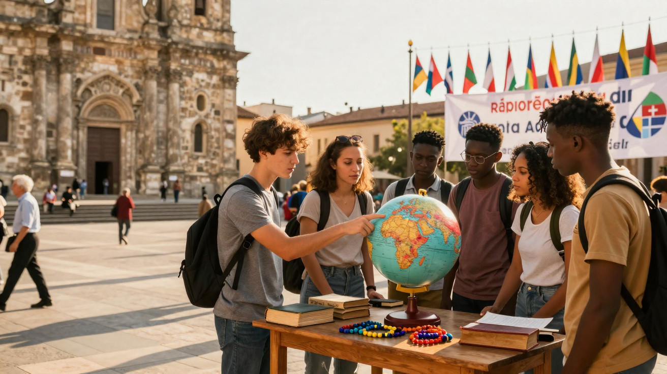 Grupo de jovens reúne-se em praça, observando um globo terrestre sobre uma mesa com livros e bandeiras ao fundo.