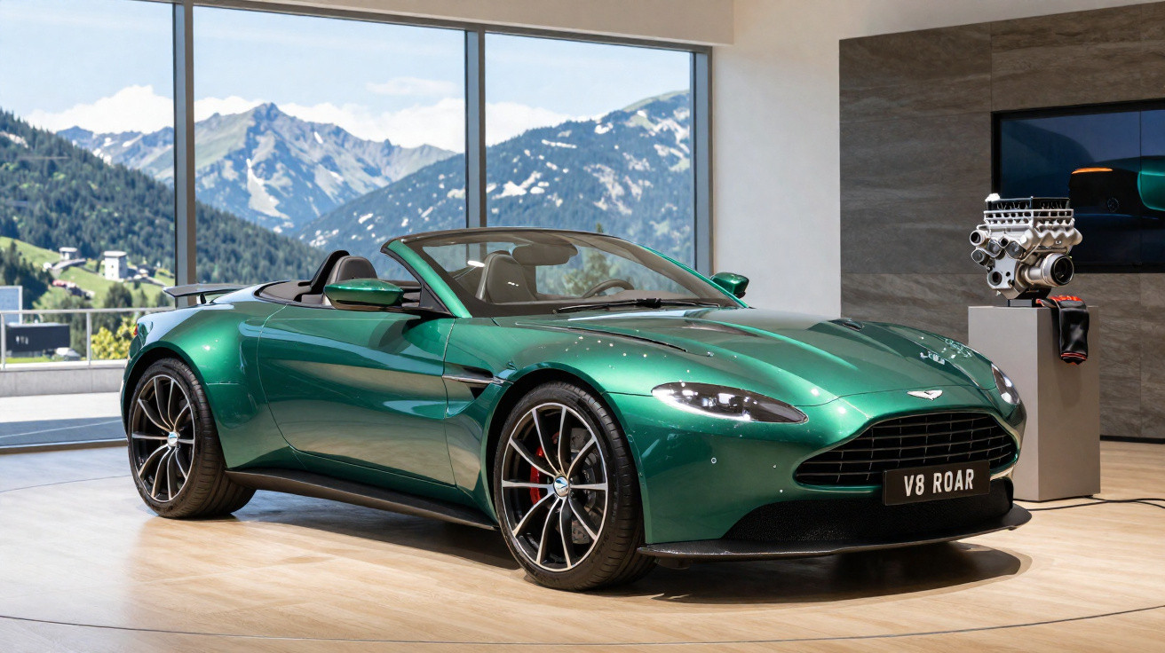 Carro desportivo verde Aston Martin conversível em exposição com montanhas ao fundo e motor ao lado.