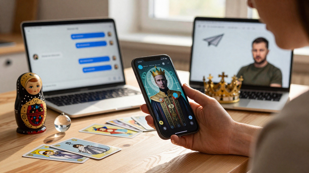 Pessoa segurando telemóvel com app de leitura de cartas, à frente cartas de tarô, bonecas russas, e computador portátil.