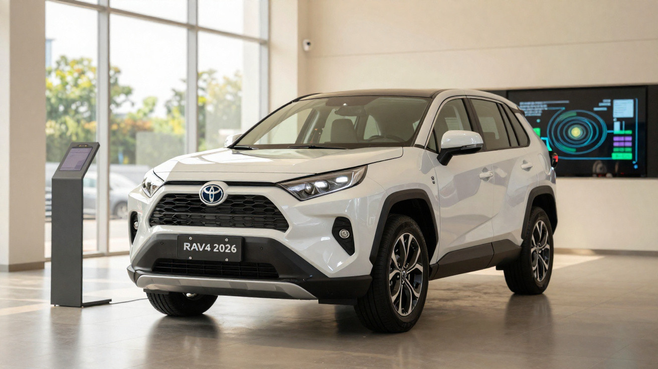 Toyota RAV4 2026 branco exibido em showroom com janelas grandes e iluminação natural.