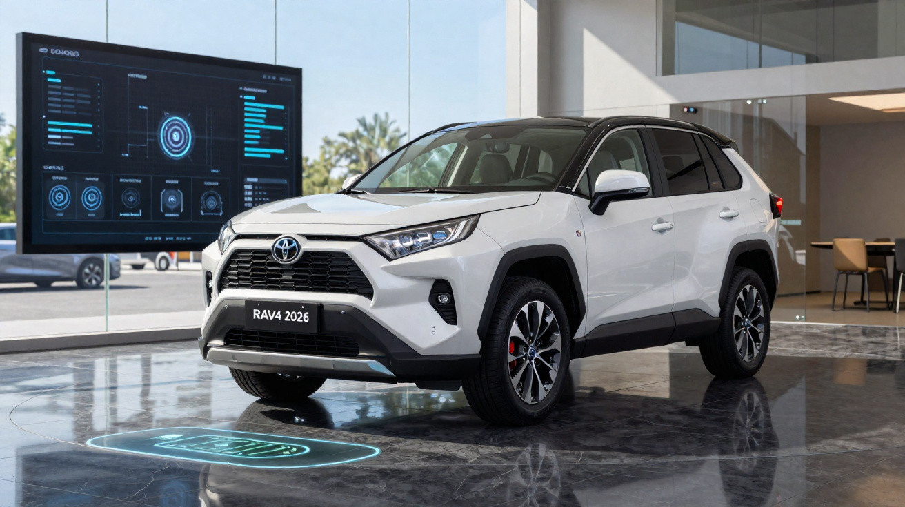 Carro SUV Toyota RAV4 2026 branco estacionado num espaço moderno com painel digital futurista ao fundo.