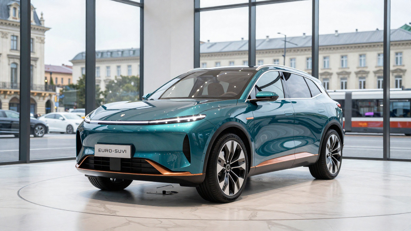 Carro elétrico azul Euro-SUV1 num showroom com piso branco e janelas amplas com vista urbana.