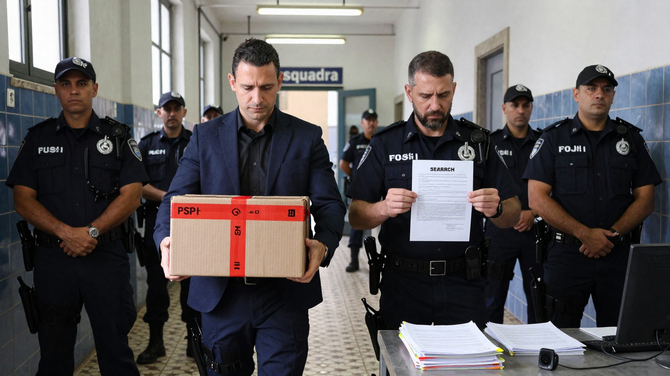 Homem de fato e polícias em delegacia com caixa e documento numa sala com sinal de Esquadra.
