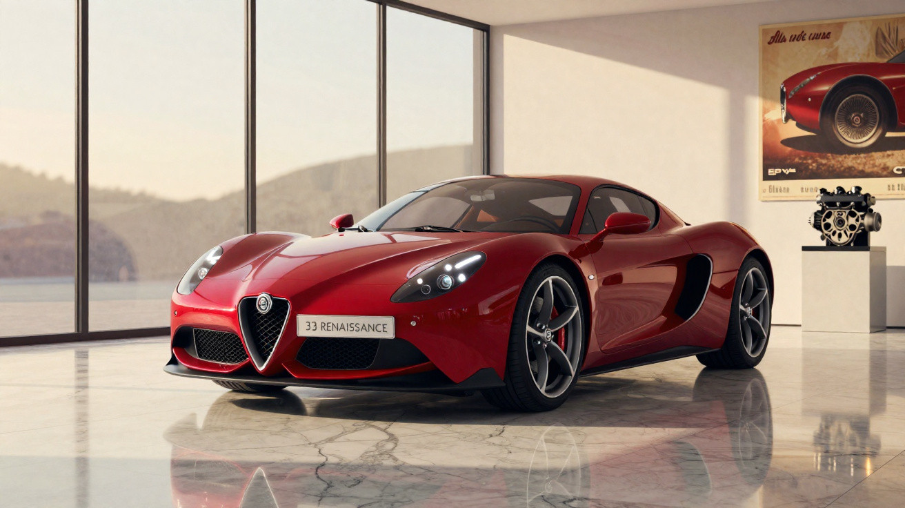Carro desportivo vermelho Alfa Romeo 33 Stradale Renaissance em showroom moderno com chão em mármore.